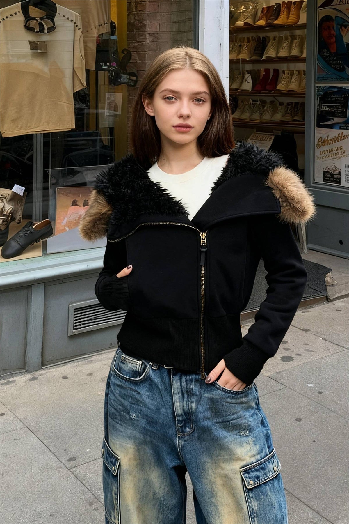 Fleece-Lined Hooded Fur-Collar Zip Short Jacket