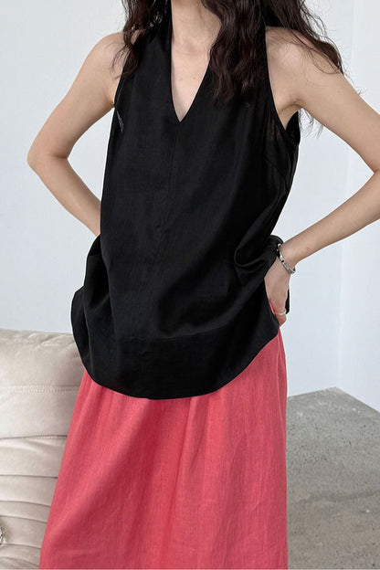 Halter V Neck Linen Casual Tank Top