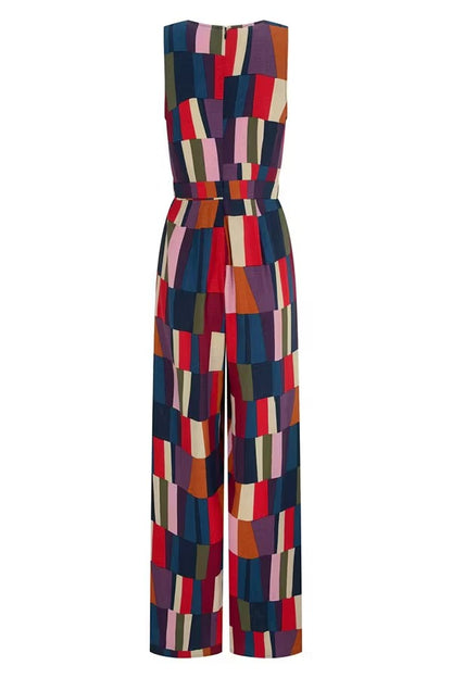 Retro Chic Linen Blend Colorful Color Block Front Waist Tie Detail Sleeveless Wide Leg Jumpsuit