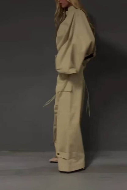 Khaki Stand Collar Drawstring Oversized Jacket & High Waist Wide-Leg Cargo Pants Two-Piece Set