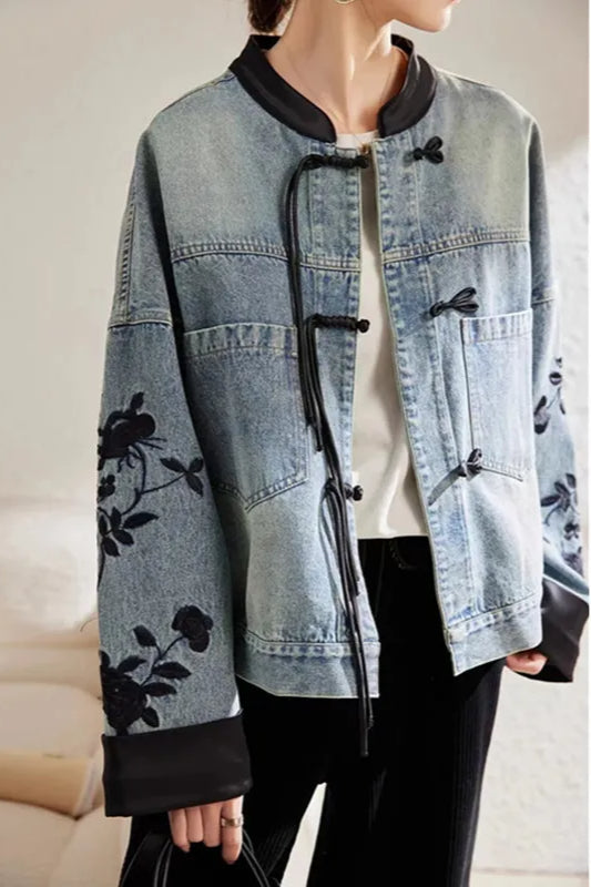 Vintage Print Short Denim Jacket