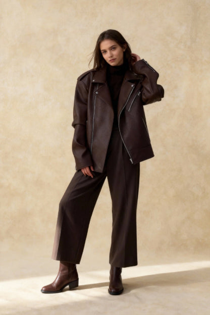 Black Zippers Oversized Leather Coat
