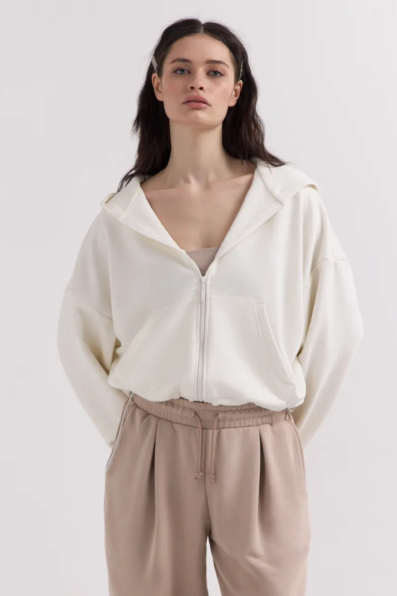 Cropped Fleece Zip Adjustable Waist Hoodie