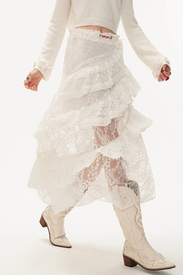 Hot Girl Lace Tiered Mesh Stylish Slim Midi Skirt