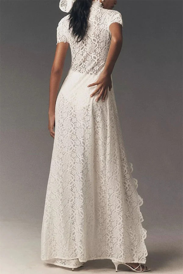 Elegance Avant-garde Floral Lace Short Sleeve High Low Top and High Rise Wide Leg Pants Set