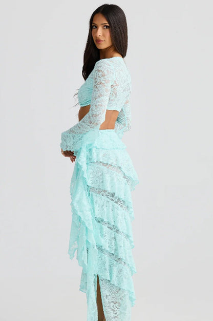 Lace Trim Layered Ribbon Tie Skirt Set