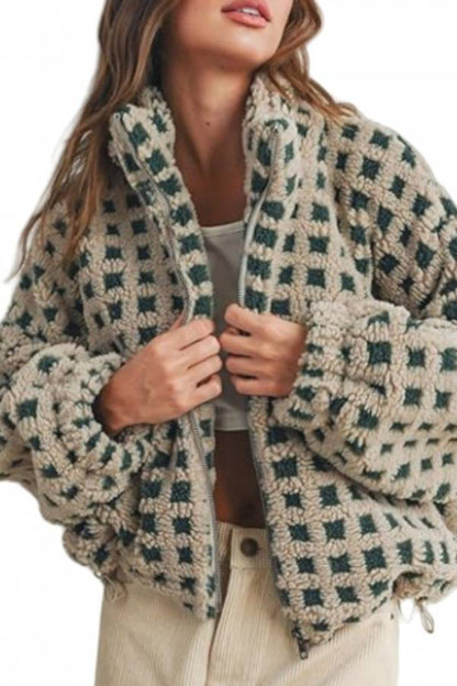 Checked Plush Drawstring Stand-Collar Jacket