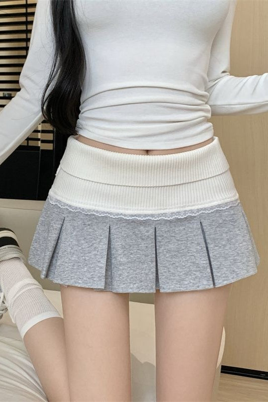 Lace Trimmed Color Block Pleated A-Line Skirt