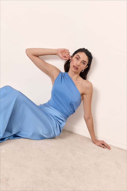 Solid Asymmetric Neckline Sleeveless Formal Dress