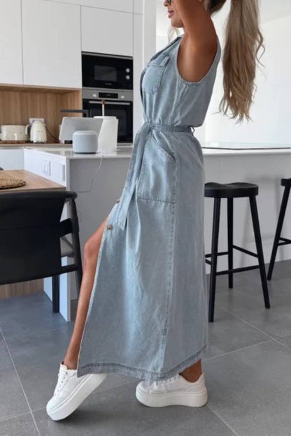 Sleeveless Denim Shirt Dress with Waist Tie