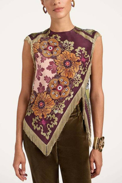 Retro Floral Print Tassel Triangle Hem Sleeveless Top