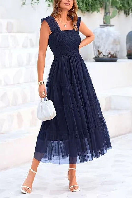 Square Neck Sleeveless Ruffle Tiered Midi Dress