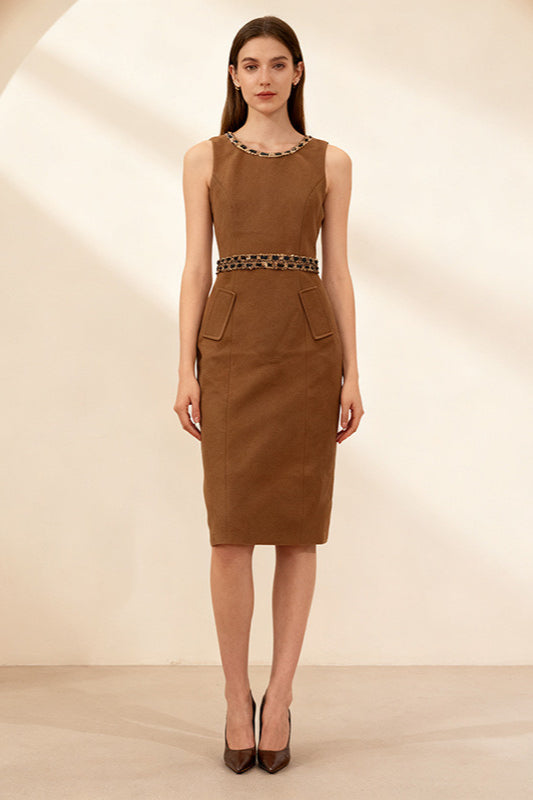 Faux Fur Sleeveless Embellished Midi Dress