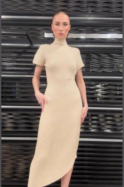 Solid Ribbed Pleated Slit Slim Elegant Sweater Dress