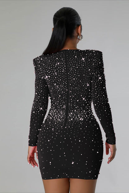 Rhinestone Stretch Bodycon Long Sleeve Cocktail Dress