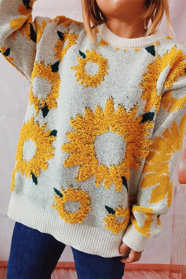 Sunflower Jacquard Crewneck Long Sleeve Knit Pullover Sweater