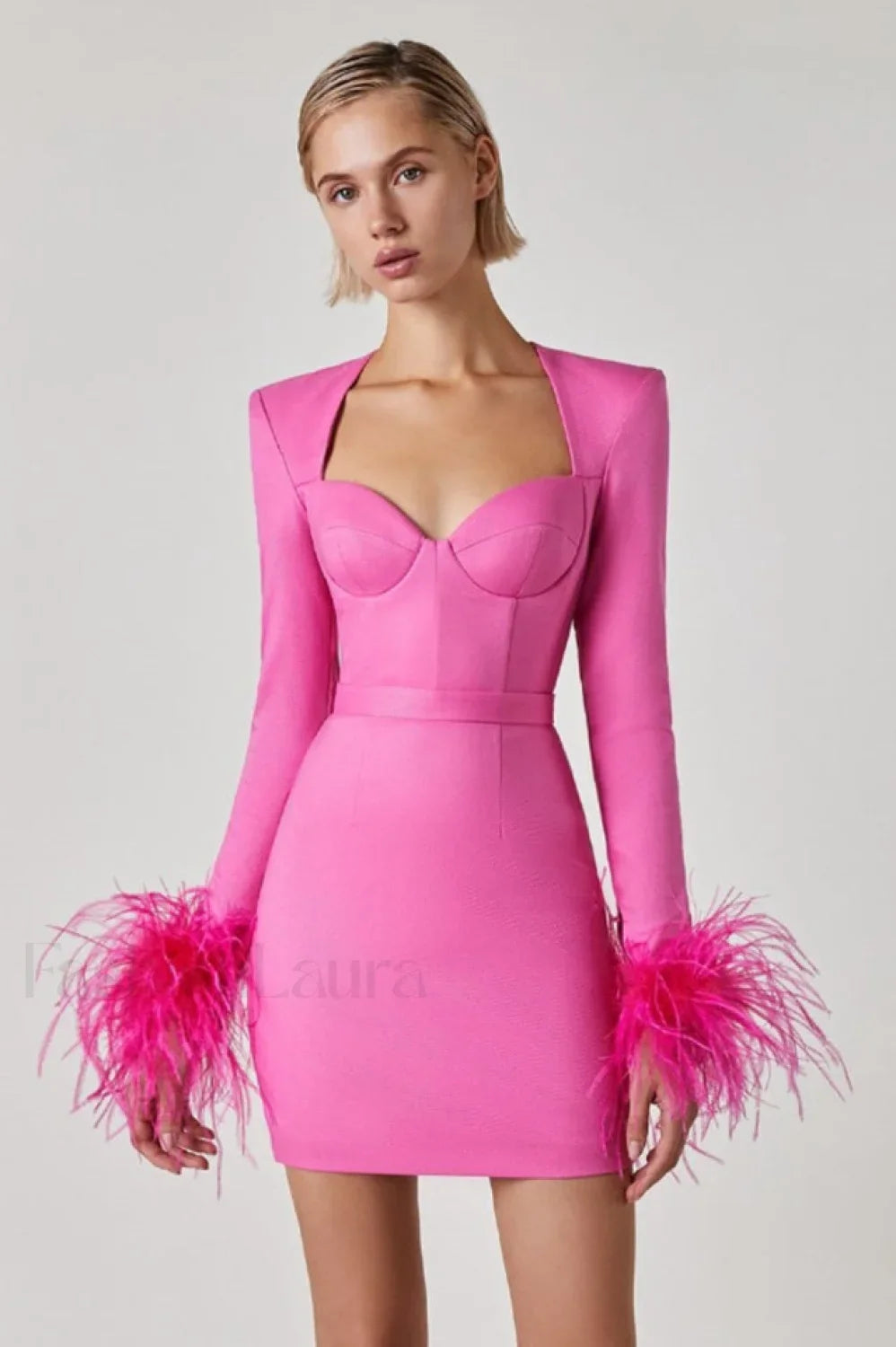 Feather Long Stylish Sleeve Bustier Dress