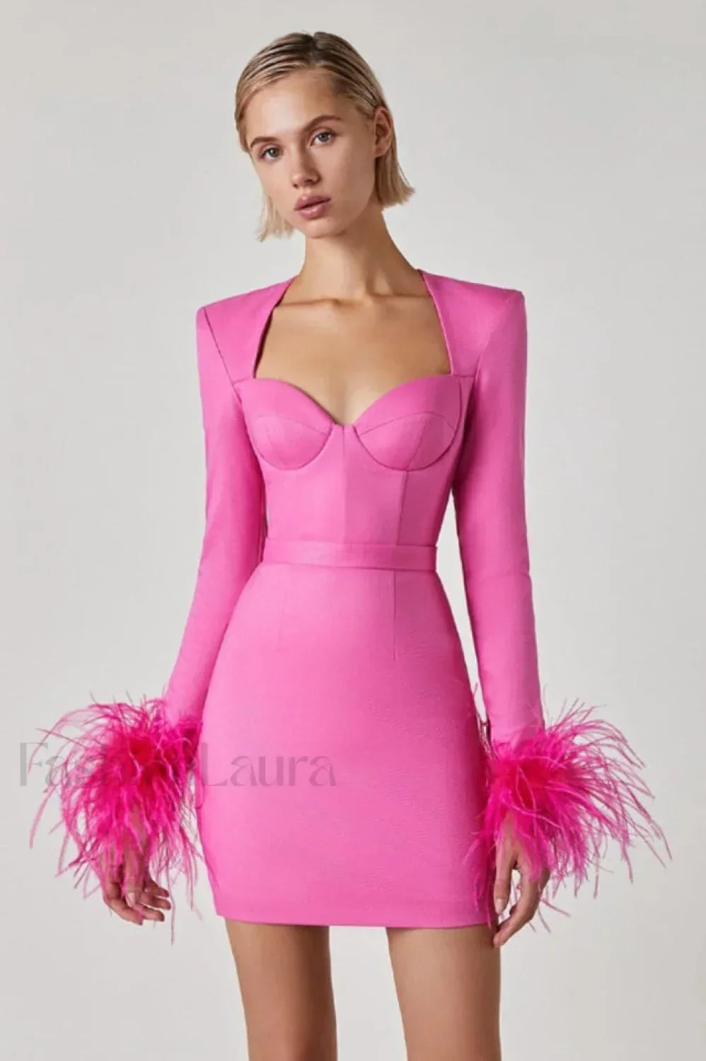 Feather Long Stylish Sleeve Bustier Dress