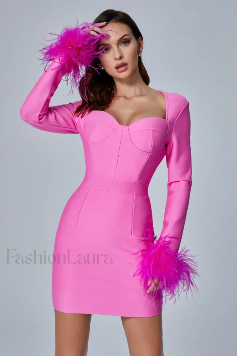 Feather Long Stylish Sleeve Bustier Dress