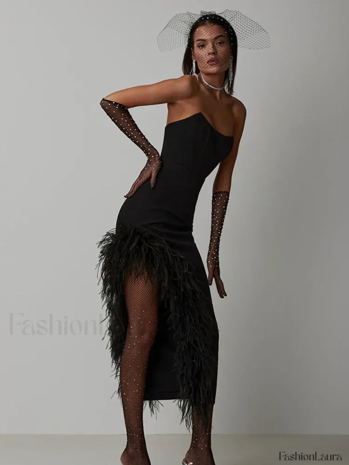 Feather Strapless Bandage Midi Dress