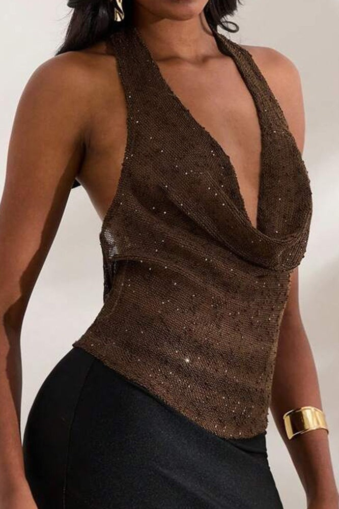 Sheer Sparkling Deep V Cowl Neck Halter Halter Top