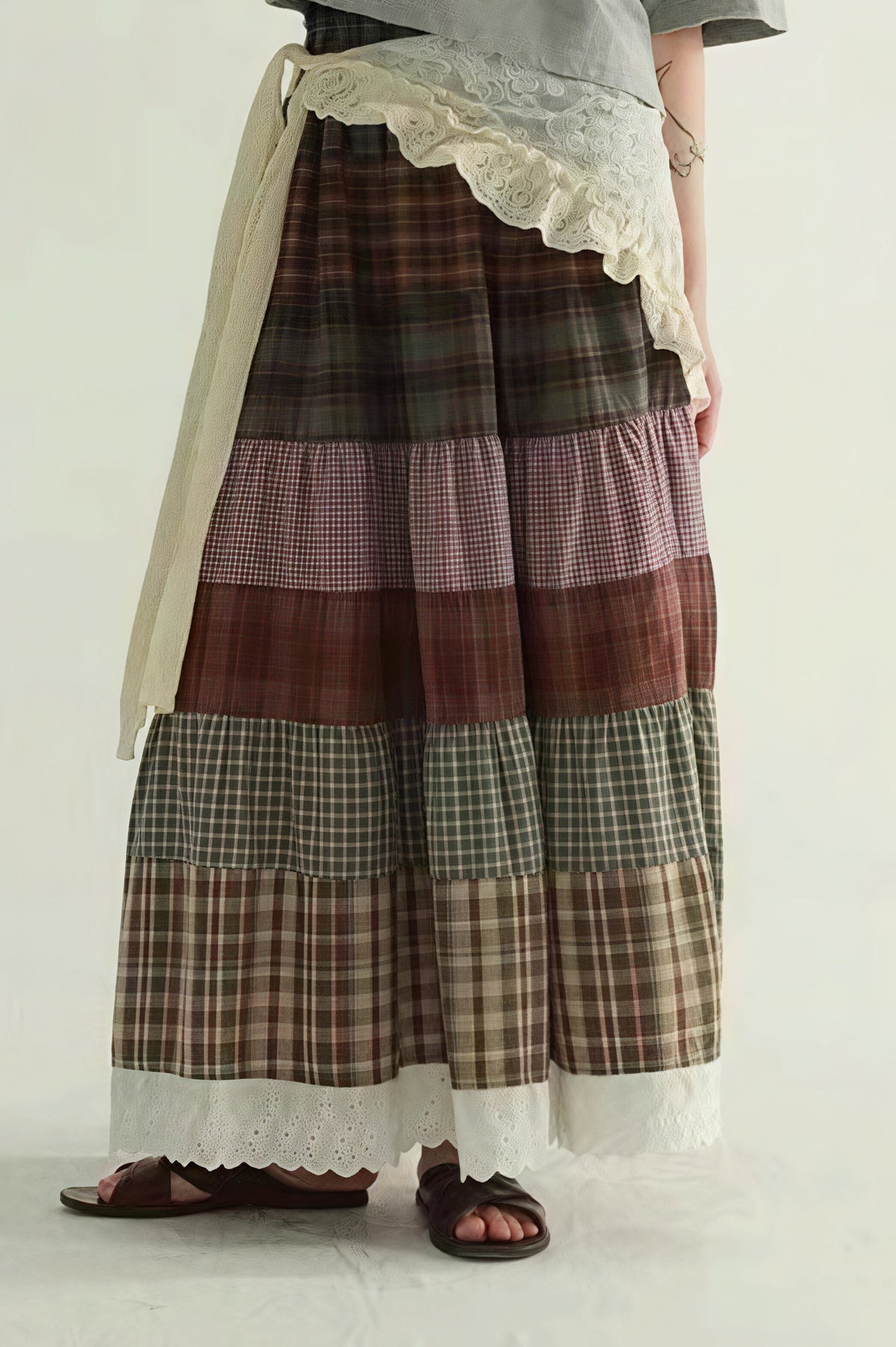 Vintage Plaid Patchwork Flared Boho Skirt
