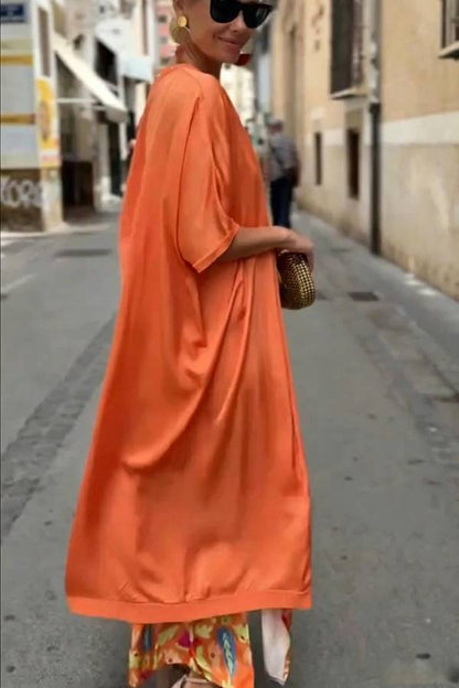Riviera Unique Print Slit Tank Midi Dress and Satin Kimono Cover-up Two Pieces Set