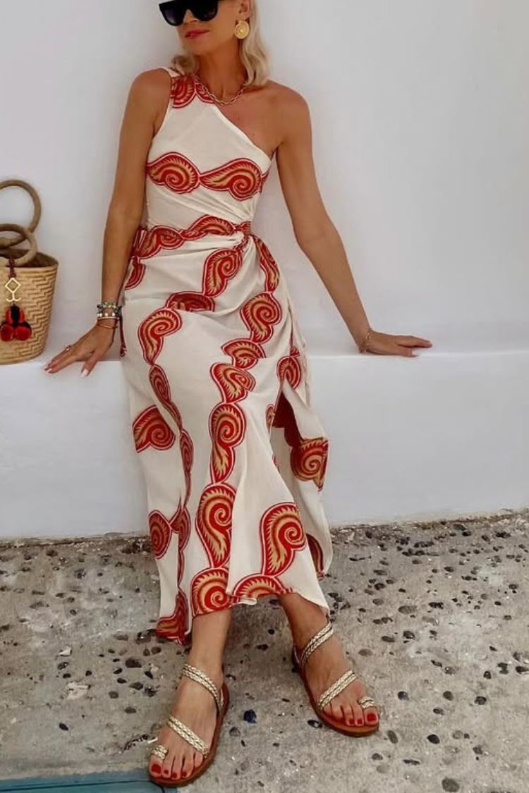 Enjoy A Sunny Linen Blend Shell Print One Shoulder Cutout Waist Tie-up Slit Maxi Dress