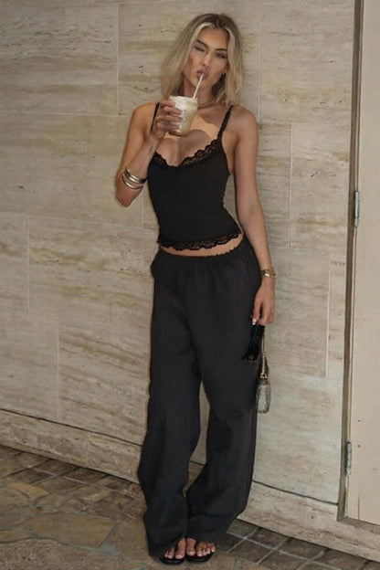 Solid Color Versatile Lace Trim Fitted Cami Top