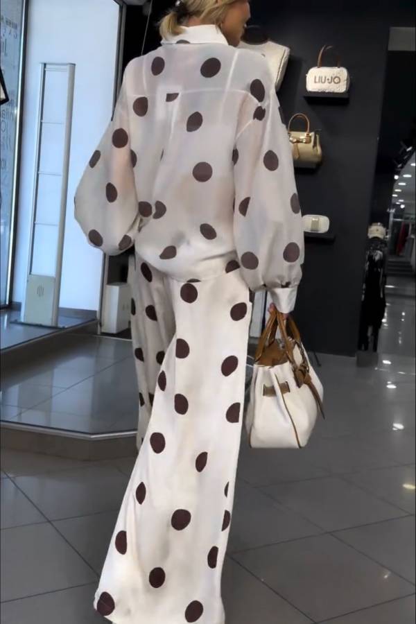 Coffee Polka Dot Satin Sheer Shirt & Wide Leg Pants Two-Piece Set