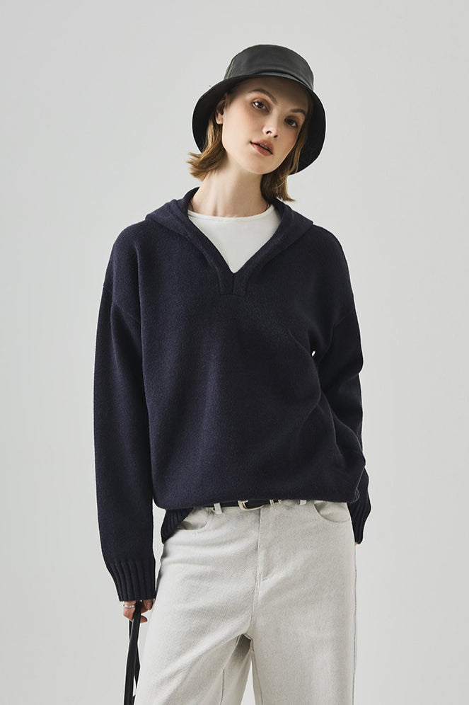 Slouchy V-Neck Hooded Sweater