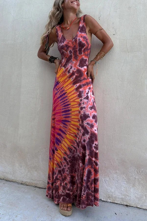 Boho Happiness Tie-dye Print Back Lace-up Stretch Maxi Dress (With built-in bra)