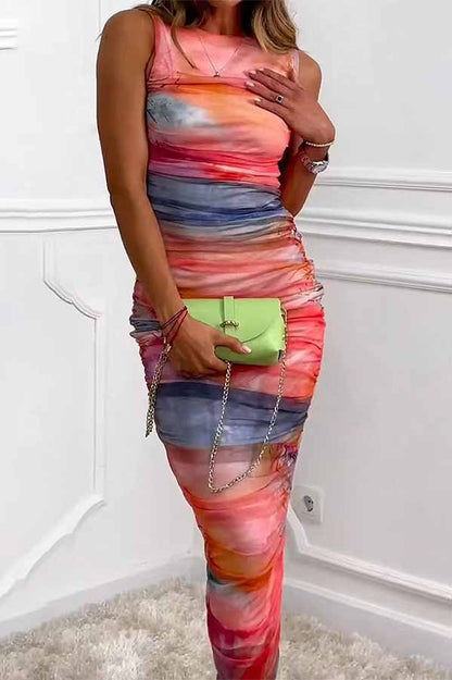 Abstract Print Mesh Ruched Bodycon Midi Dress