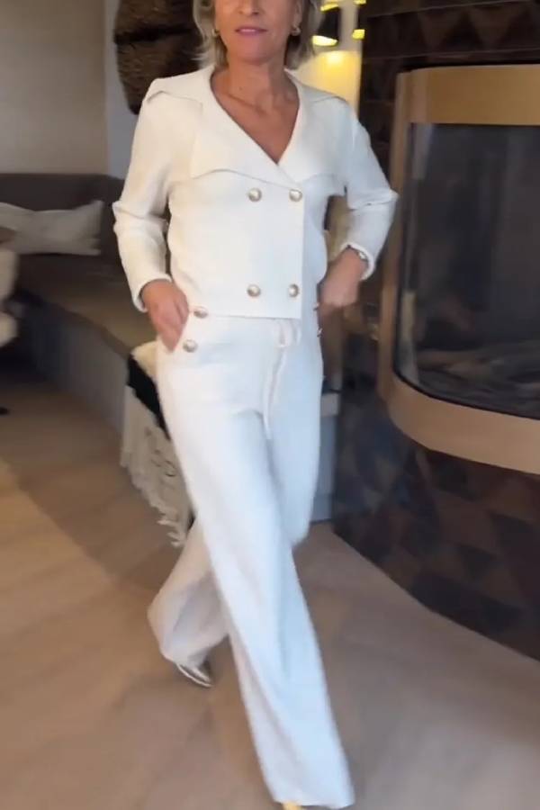 Pearl-button short suit with wide-leg pants