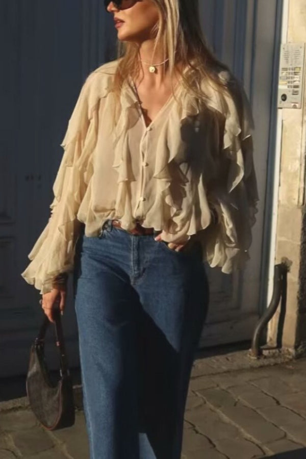 V-Neck Multi-Layer Ruffle Chiffon Lantern Sleeve Blouse