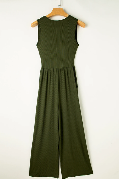 Moss Green Sleeveless V Neck Ruched Wide Leg Jumpsuit