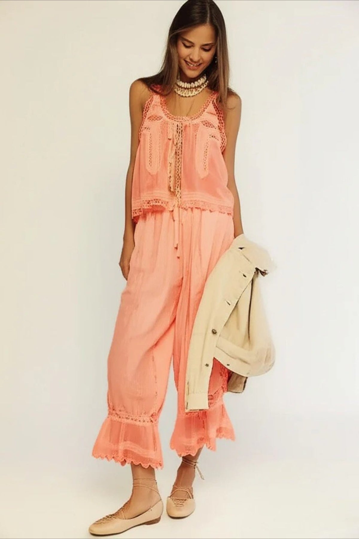 Patchwork Lace Sleeveless Top Boho Pants Set