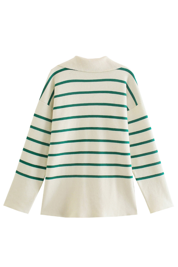 Loose-fitting Striped Sweater with Lapel Collar