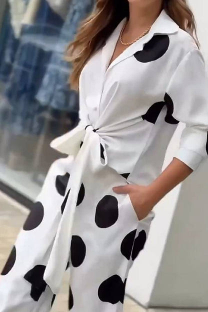 Fashion Lapel Long-sleeved Tie Waist Shirt and Casual Polka Dot Print Wide-leg Pants Set