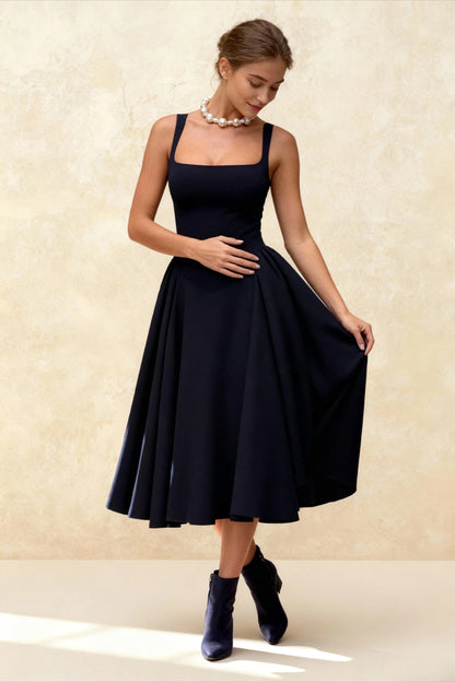 Square Neck Sleeveless Fit and Flare Midi Dress