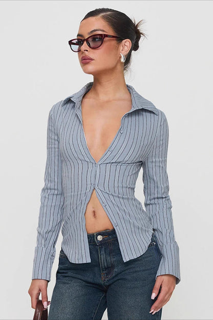 Office Button Down Striped Long Sleeve Top