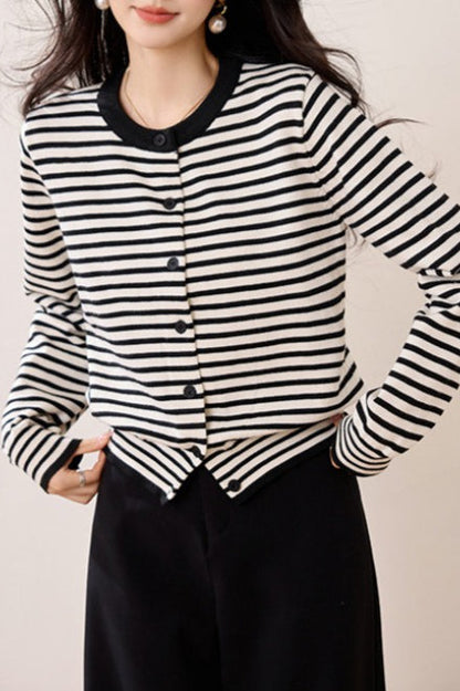 Black White Stripe Knit Cardigan