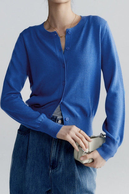 Solid Color Round Neck Knit Cardigan
