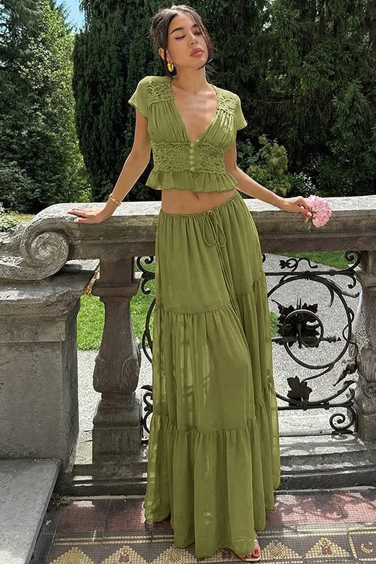 Sexy Sheer Lace Chiffon Tie Top Maxi Skirt Set