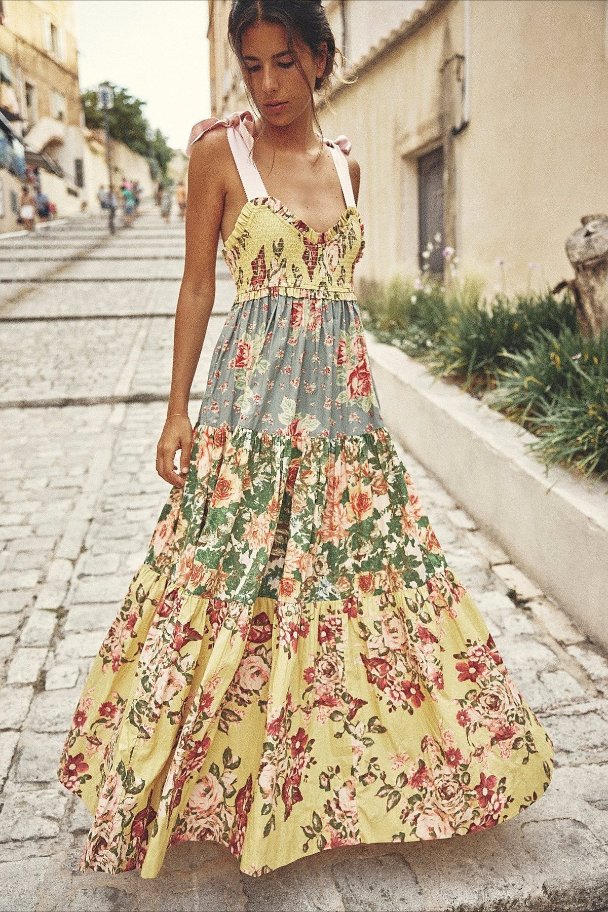Light Tone Printed Patchwork Maxi Boho Dress