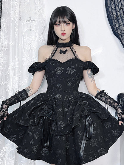 Halter Neck Mesh Butterfly Applique Off Shoulder Puff Sleeve Lolita Mini Dress