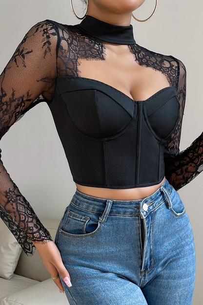 Slim Plunging Neck Lace Chic Long Sleeve Crop Top