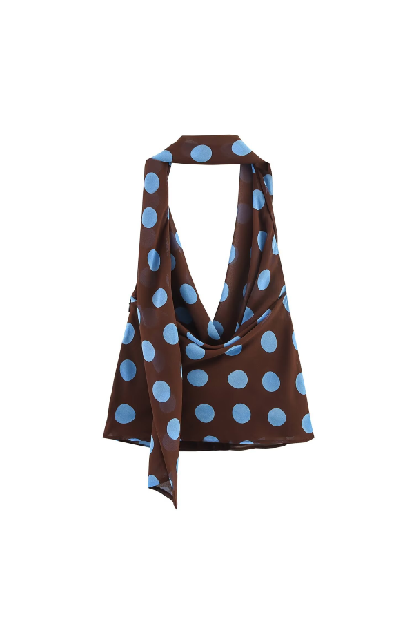 Polka Dot Halter Deep V-Neck Chiffon Top with Sash