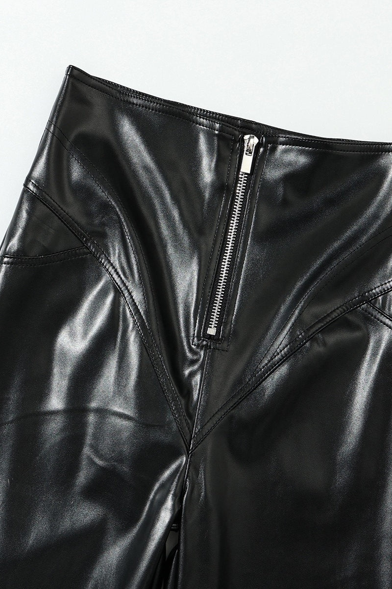 PU Leather Front Zipper Slim Fit Pants