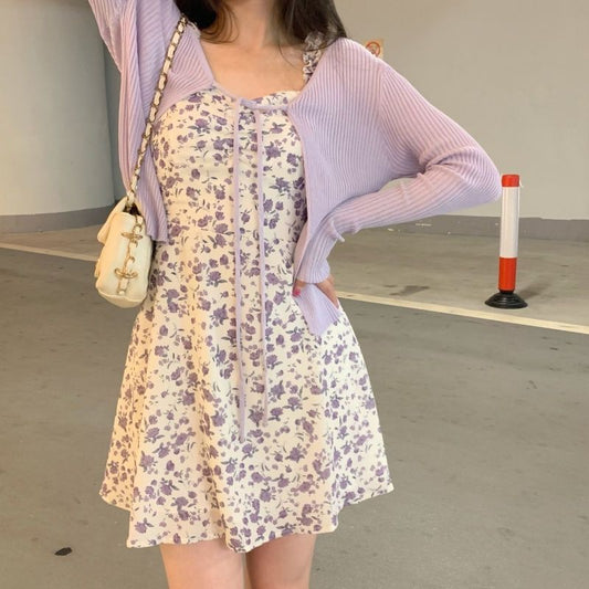 2PCS Purple Floral Spaghetti Strap Mini Dress + Cardigan